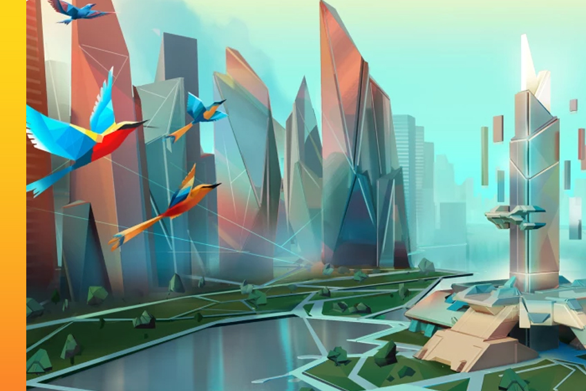 Abstract shapes take the form of birds flying over a geometric city skyline