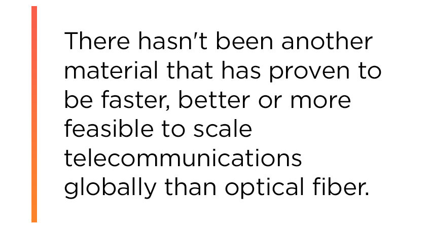 There hasn't been another material that has proven to be faster, better or more feasible to scale telecommunications globally than optical fiber.