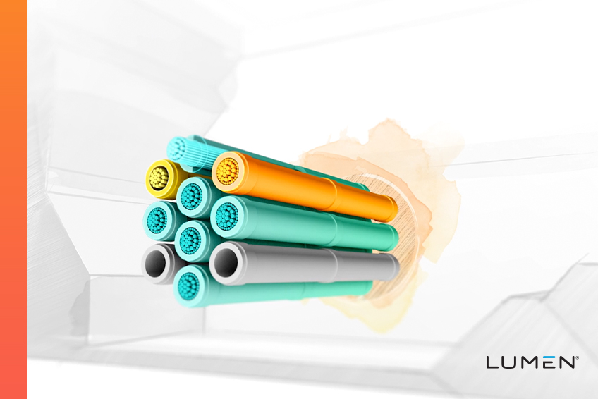 A cross-section of a fiber optic cable bundle, each cable containing multiple internal fibers.