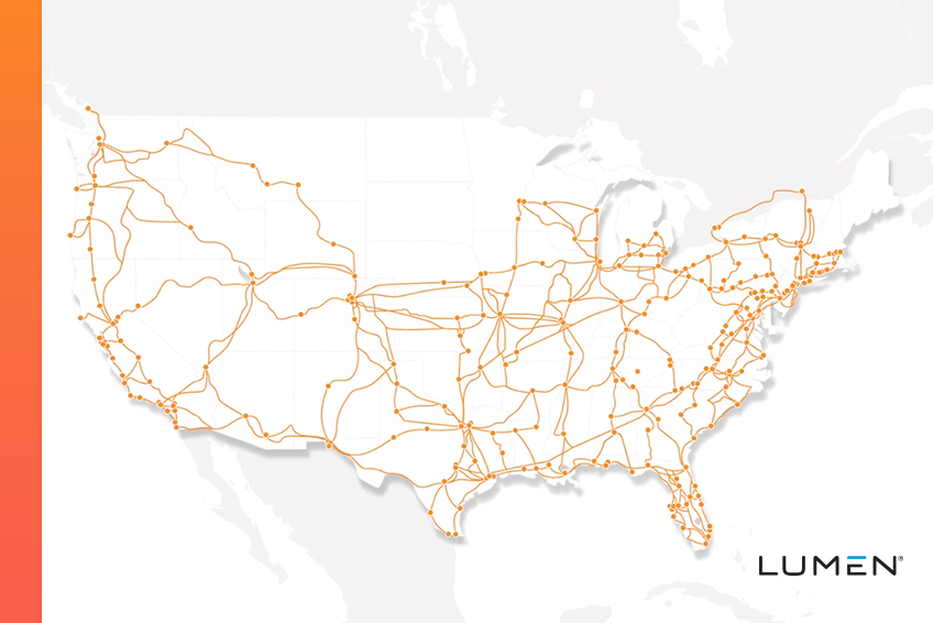 A map shows Lumen fiber networks spanning the United States, connecting many major cities and their data.