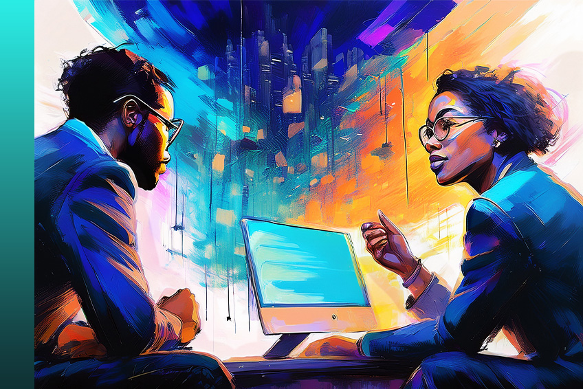 Two people seated across from each other at a table dressed in business attire and engaged in a conversation with a computer monitor between them set against an abstract, multi-colored background.