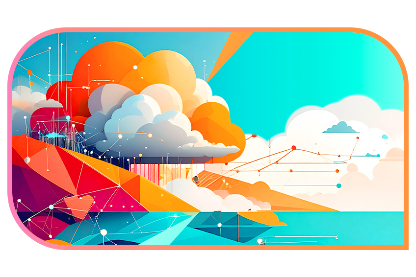 Abstract digital illustration of vibrant clouds in shades of orange, gray and white merging with geometric shapes and network lines. The design features a bright blue sky and turquoise water with interconnected nodes and lines symbolizing cloud computing, data flow and connectivity.