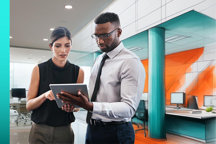 Two business professionals stand in an office with colorful, sketch treatment and work from a tablet.