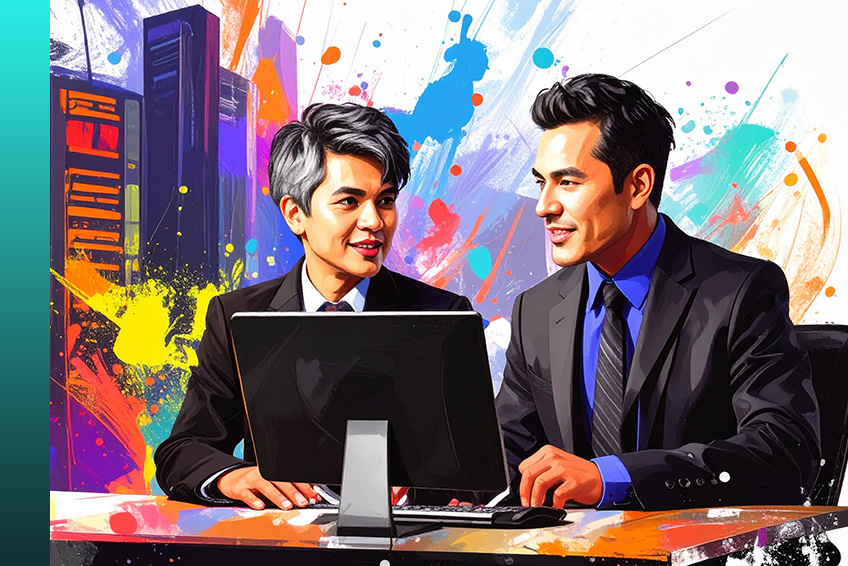 Two individuals in business suits sitting at a desk, working together on a desktop computer. The background features a colorful abstract design with splashes of yellow, orange, blue and purple, and a tall server tower is visible on the left side.