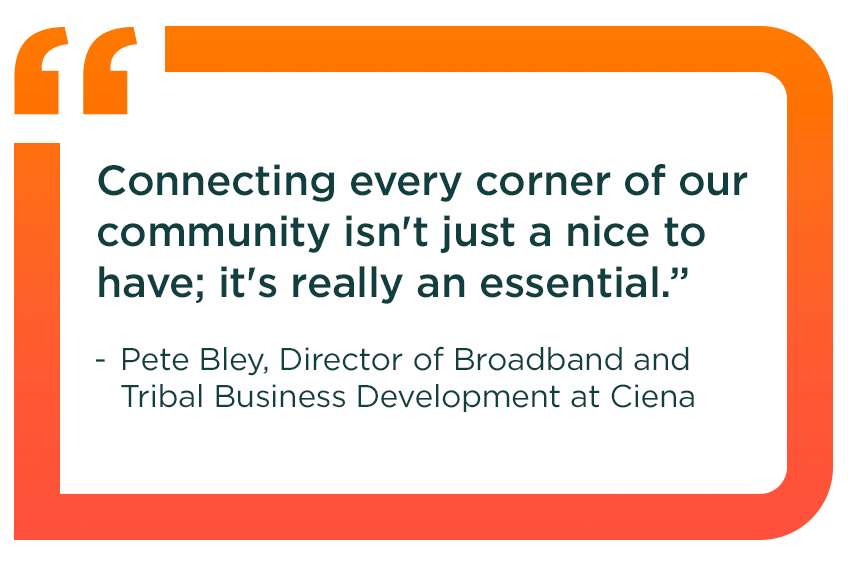 Image callout with text: “Connecting every corner of our community isn't just a nice to have; it's really an essential.” – Pete Bley, Director of Broadband and Tribal Business Development at Ciena