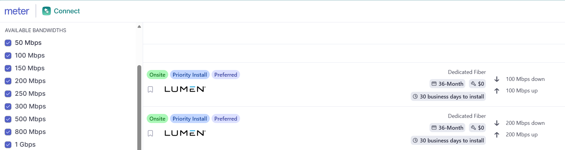 Screengrab of Meter Connect interface showing three Lumen dedicated fiber quotes.