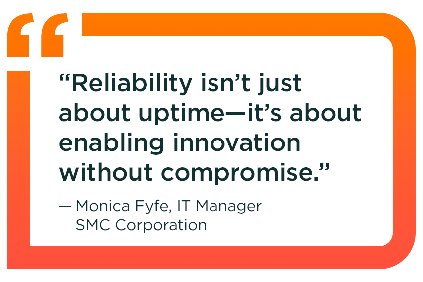 Orange border around the text: “Reliability isn’t just about uptime—it’s about enabling innovation without compromise.” — Monica Fyfe, IT Manager, SMC Corporation