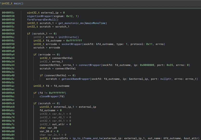 Screenshot of KadNap malware initialization code in a dark-themed editor showing a main() function with socket and network-related calls such as socketWrapper, connectWrapper, error handling logic and variables like external_ip, fd_outname, and errno.