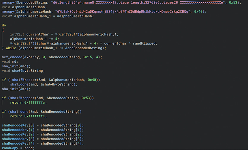 Screenshot of decompiled C-style code in a dark-themed editor showing memory operations, bitwise character manipulation, hex encoding and SHA‑1 hashing logic, including functions like memcpy, hex_encode, sha1_init, sha1Wrapper, and assignment of a derived key from a hashed string.