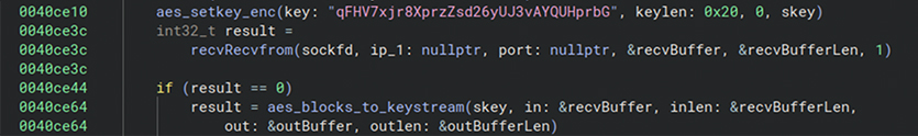 Screenshot of decompiled C-style code in a dark-themed editor showing AES encryption setup and network data handling, including an aes_setkey_enc call, receiving data via recvfrom, and encrypting received data into an output buffer using an AES keystream.