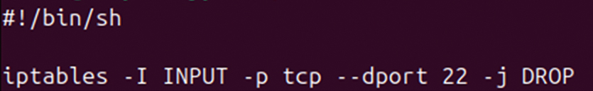 Screenshot of an fwr.sh file download from final peer showing an iptables command that inserts a firewall rule to drop incoming TCP traffic on port 22, blocking SSH access.